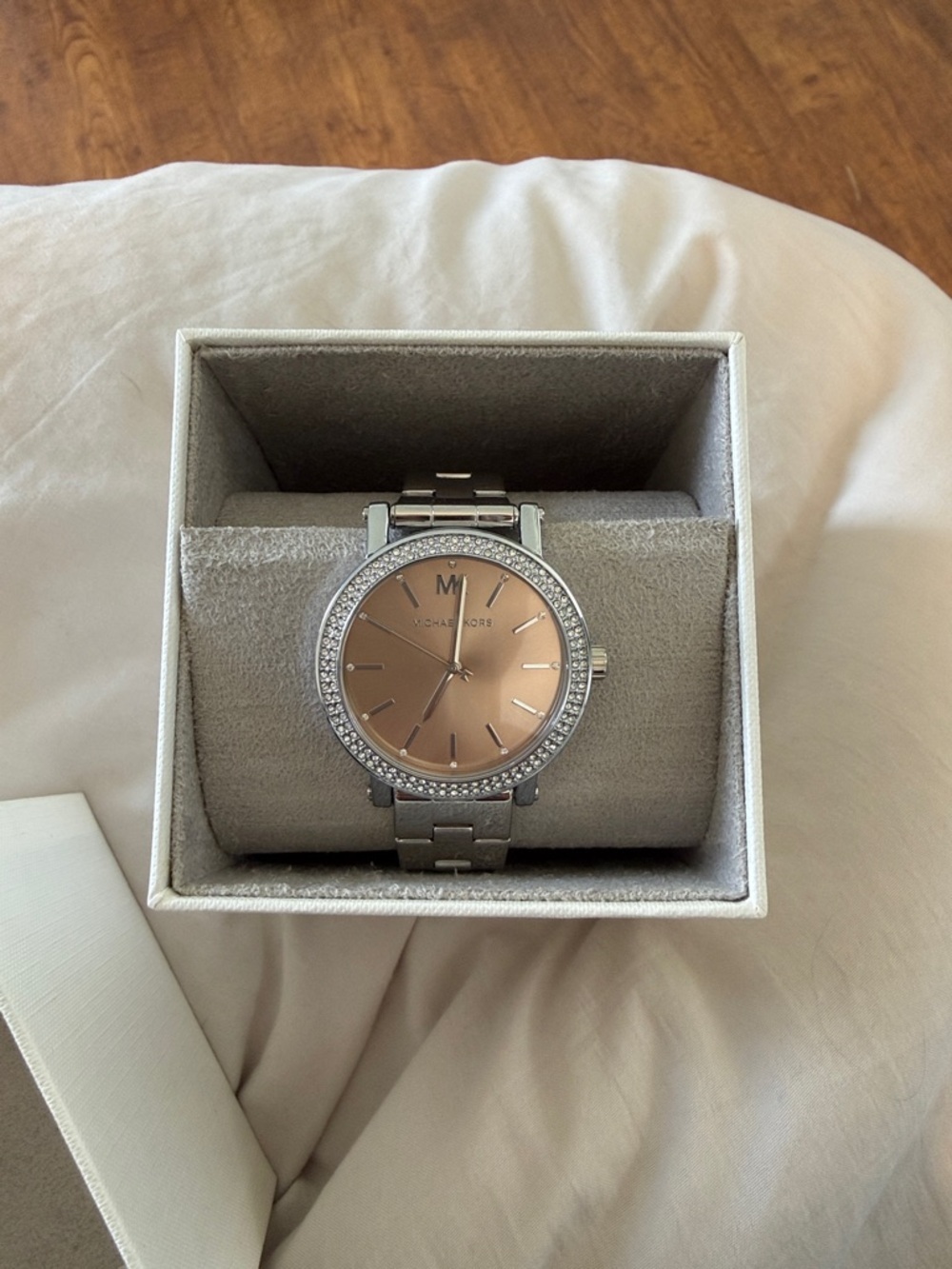 Michael Kors Silver Bracelet Watch with Rose Gold Face and Crystal Bezel